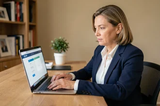 Une professionnelle accédant à un portail d'entreprise sécurisé de type GPNet Air France depuis son ordinateur personnel à domicile