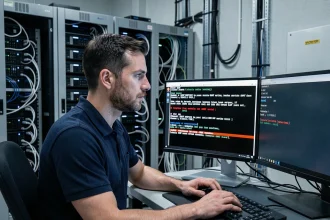 Administrateur système Solaris analysant un statut SMF bloquant sur un terminal en salle serveur