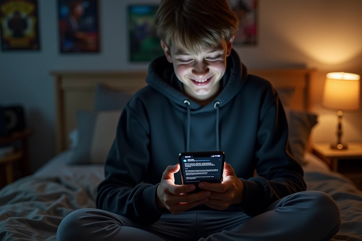 Adolescent utilisant l'italique Discord sur smartphone dans sa chambre
