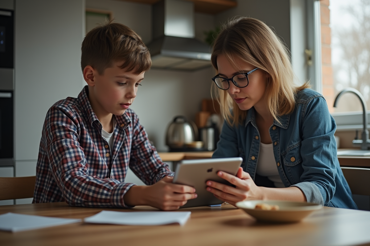 Adolescent utilisant une tablette avec mère vérifiant contrôle parental