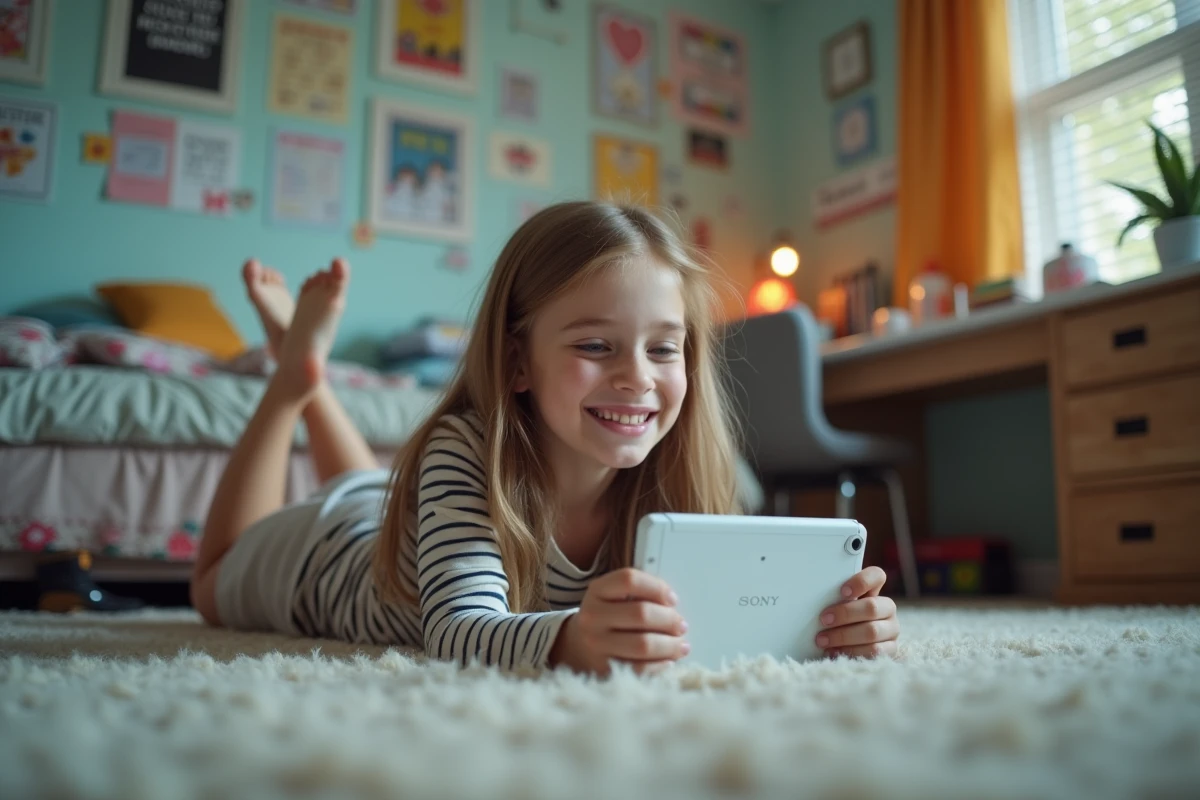 Une adolescente joue sur une console portable Sony dans sa chambre, montrant la portabilité de la PS5 pour toute la famille