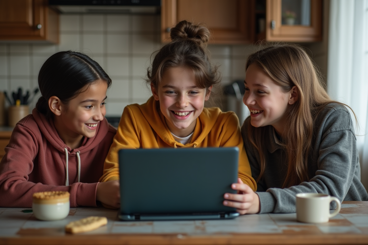 Adolescents discutant autour d’un ordinateur portable dans la cuisine