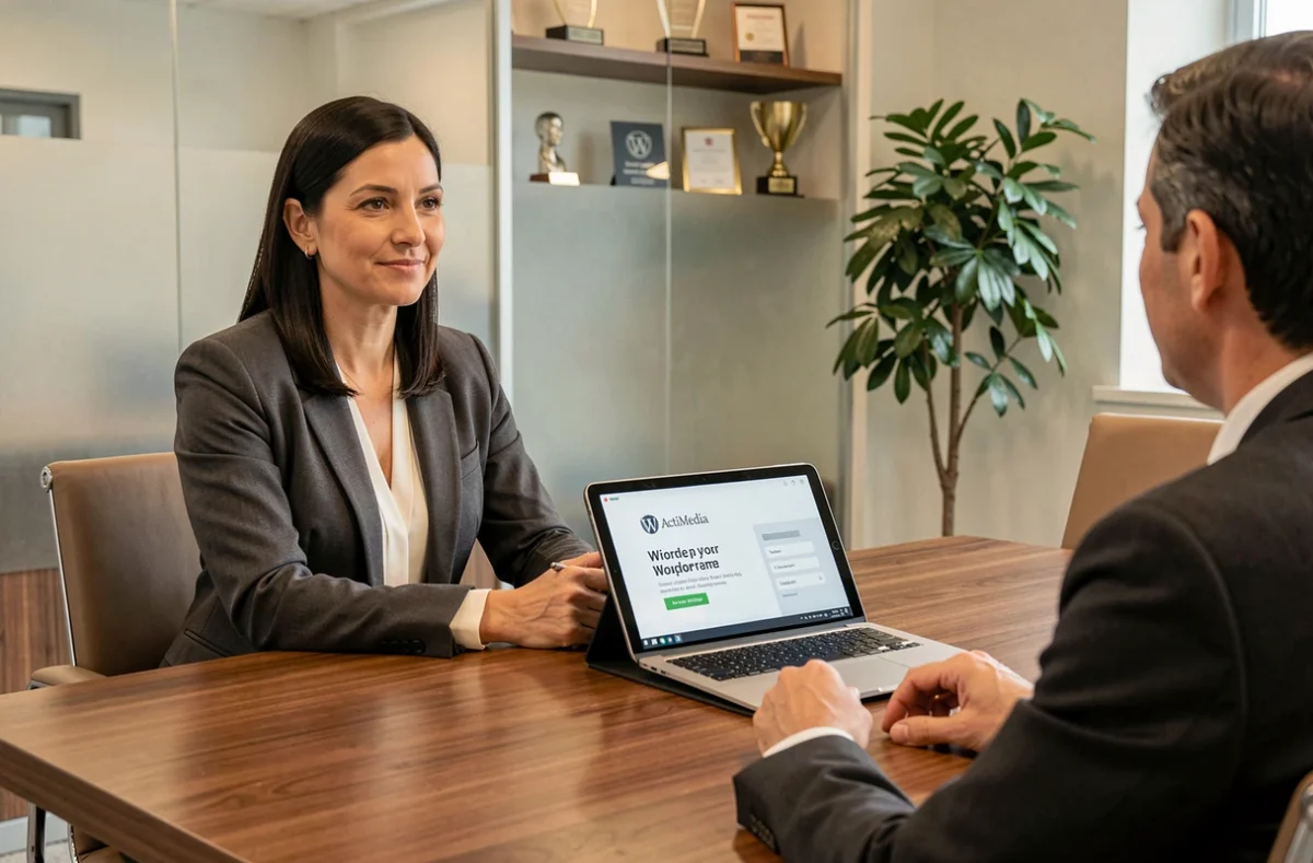 Consultante de l'agence ActiMedia présentant une proposition WordPress à un client dans une salle de réunion
