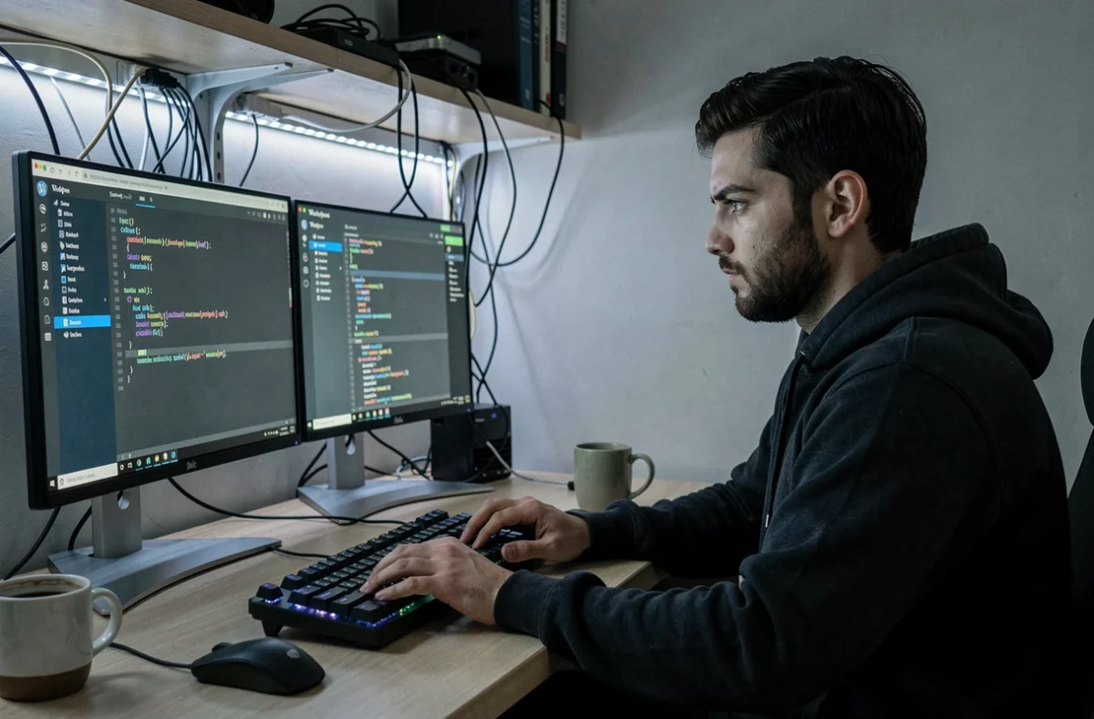 Développeur de l'agence Arobace configurant une extension WordPress dans un bureau home office
