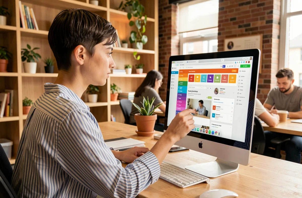Consultante de l'agence Clicoweb gérant un site e-commerce WordPress dans un espace de coworking