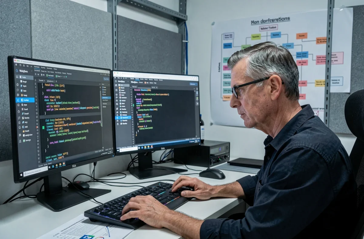 Développeur de l'agence e-Conception codant une solution WordPress sur un poste informatique professionnel