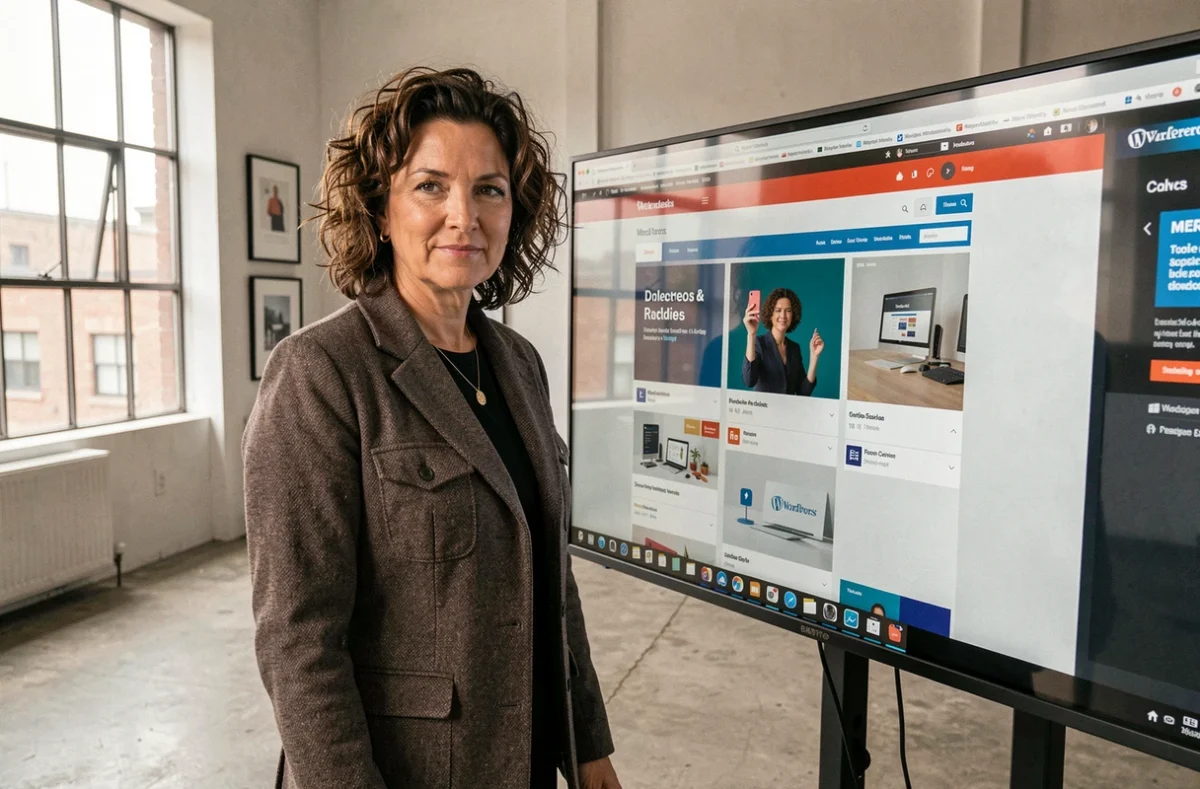 Directrice créative de l'agence Kallik présentant un projet de design WordPress dans un studio moderne