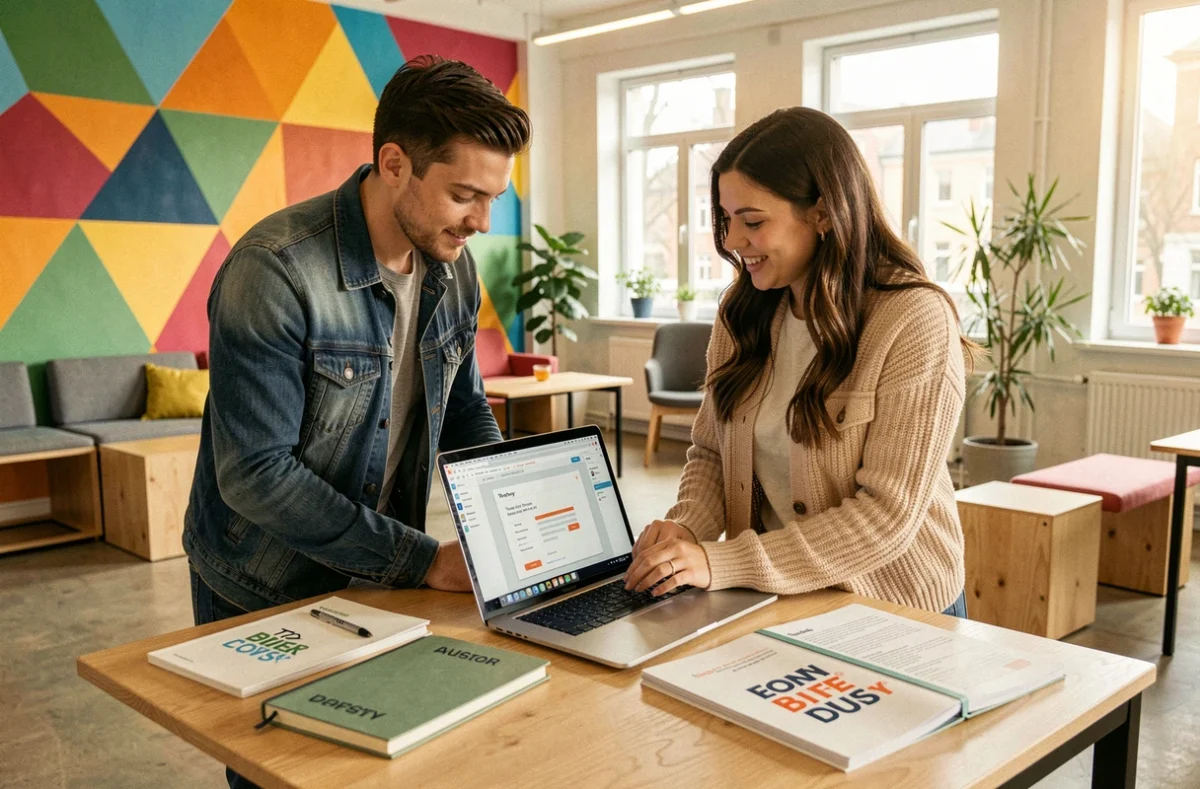 Duo de l'agence Sowink collaborant sur un prototype WordPress dans un bureau startup dynamique