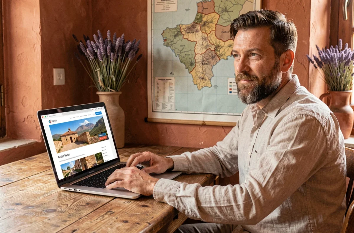 Webmaster de l'agence WebOccitan développant un site WordPress à identité régionale dans son bureau