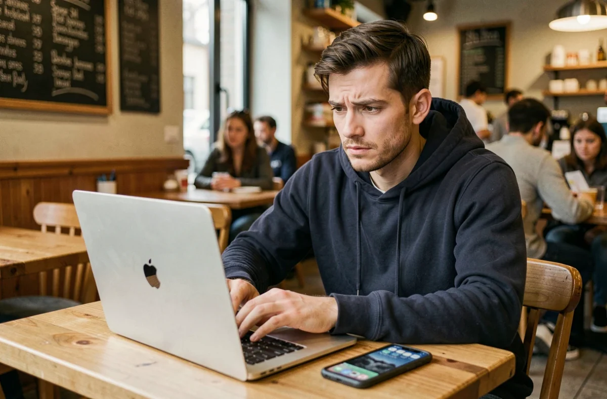 Homme utilisant un ordinateur portable et un smartphone dans un café pour naviguer anonymement sur les stories Instagram, évoquant les risques d'identification en ligne