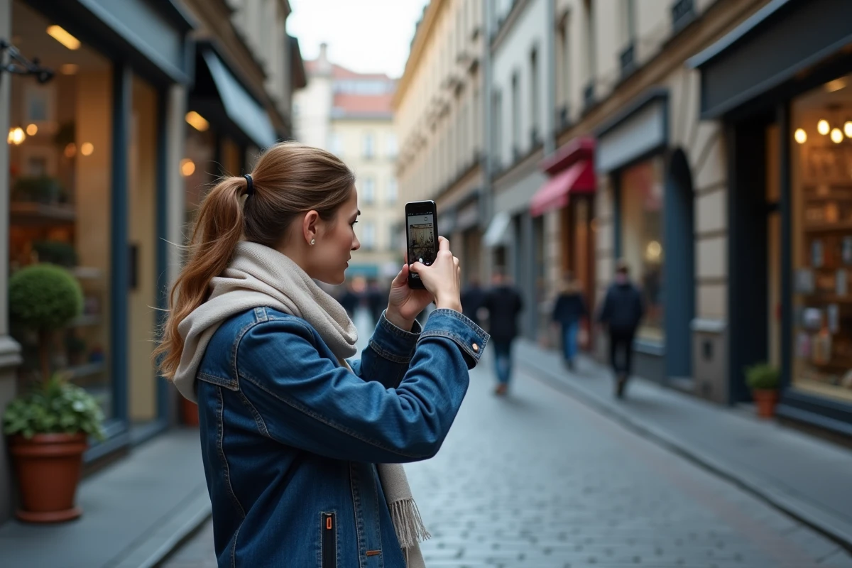 Femme utilisant l'appareil photo du Samsung Galaxy A35 5G en extérieur dans une rue urbaine