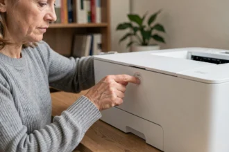 Femme appuyant sur le bouton WPS d'une imprimante Wi-Fi dans un bureau à domicile