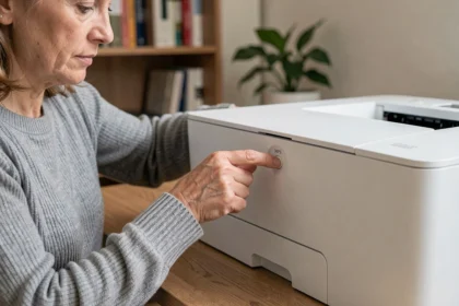 Femme appuyant sur le bouton WPS d'une imprimante Wi-Fi dans un bureau à domicile