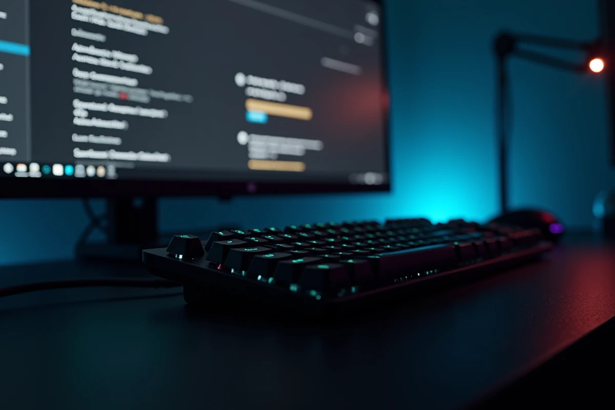 Bureau gaming avec clavier mécanique et écran affichant une interface de dépannage logiciel Windows