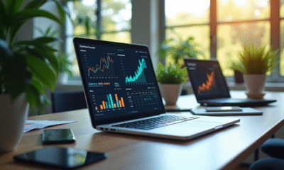 Bureau moderne avec ordinateur affichant des analyses marketing