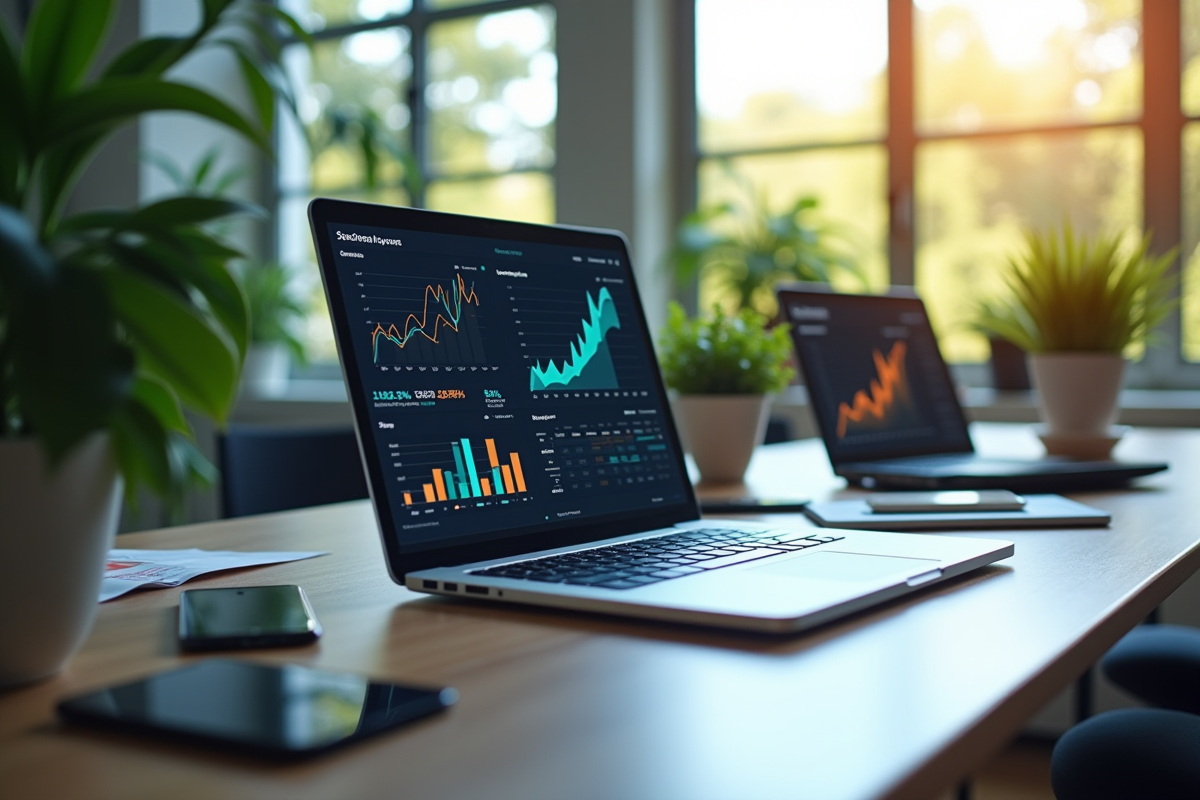 Bureau moderne avec ordinateur affichant des analyses marketing