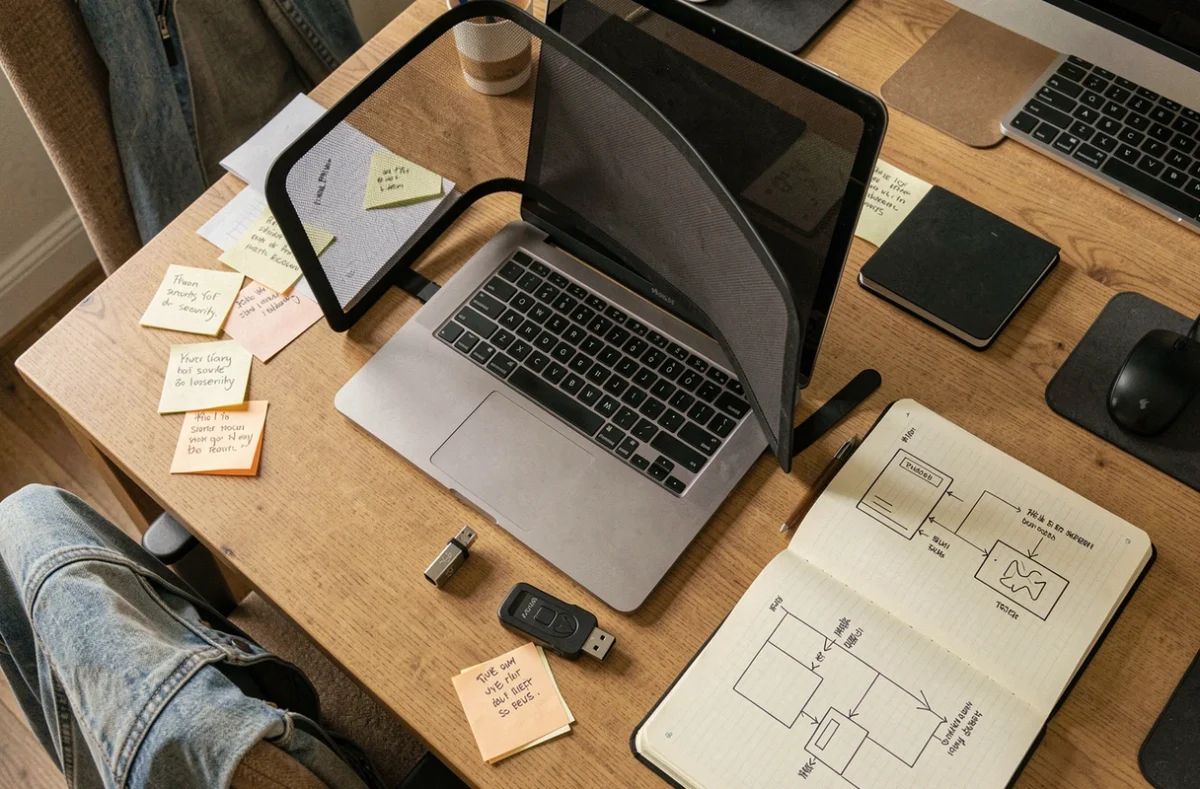 Bureau d'utilisateur avec filtre de confidentialité, clé USB de sécurité et notes manuscrites sur la protection anti espion des données numériques