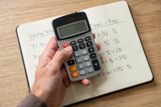 Calculatrice posée sur un cahier de calculs de pourcentages
