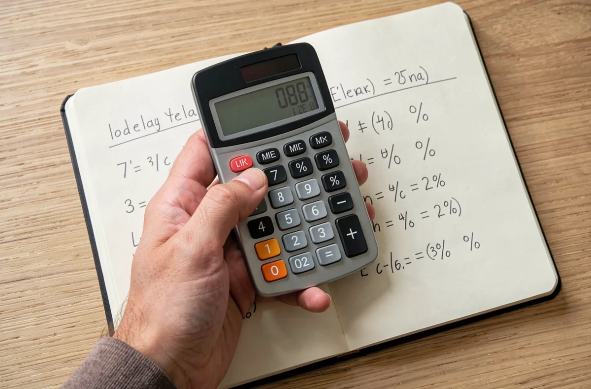 Calculatrice posée sur un cahier de calculs de pourcentages