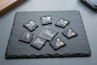 Plusieurs cartes microSD de différentes capacités disposées en éventail à côté d'une Nintendo Switch et d'un smartphone Android sur une surface en ardoise