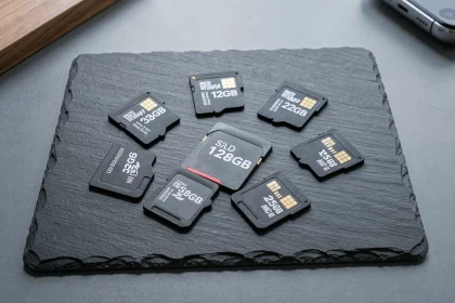 Plusieurs cartes microSD de différentes capacités disposées en éventail à côté d'une Nintendo Switch et d'un smartphone Android sur une surface en ardoise