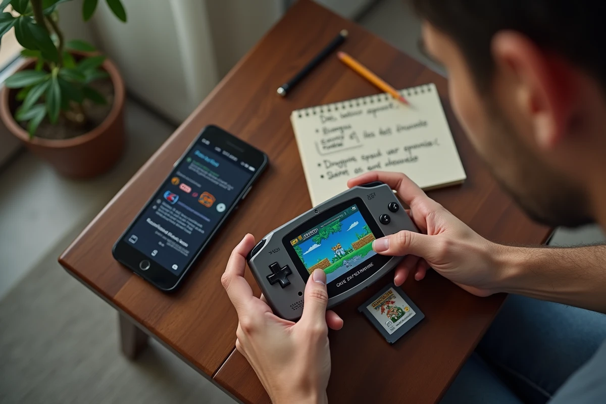 Mains adultes insérant une cartouche GBA dans une console Game Boy Advance avec un smartphone affichant une ROM Pokémon en français