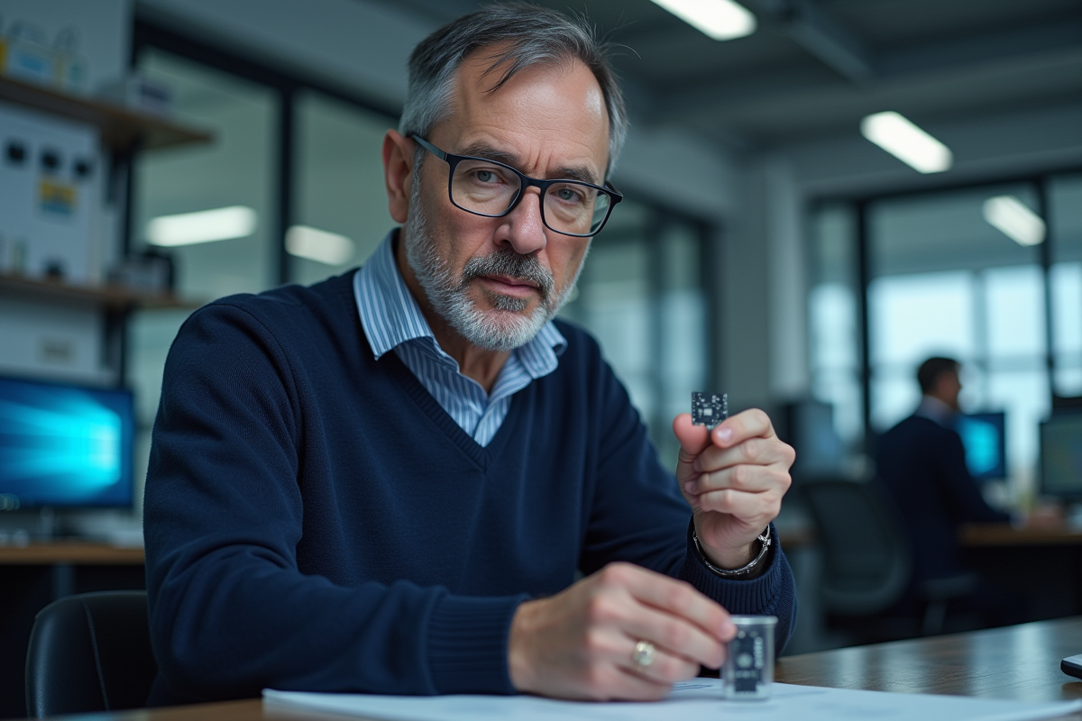 Chercheur homme examine un capteur neuromorphique en laboratoire