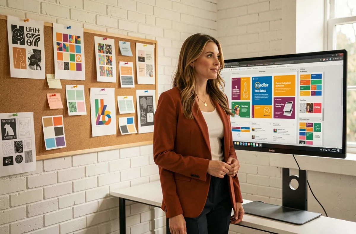 Graphiste web et print freelance à Nantes présentant ses créations digitales sur grand écran
