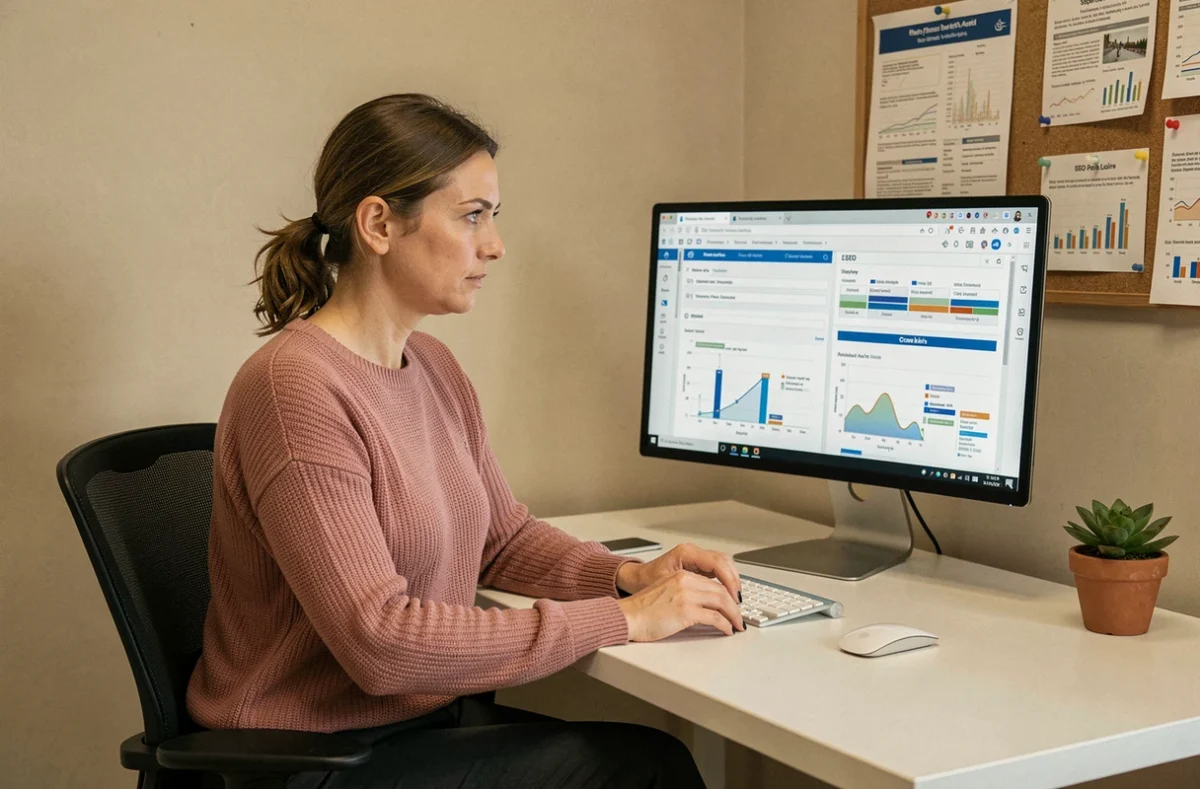 Spécialiste SEO technique freelance dans les Pays de la Loire analysant des rapports d'audit sur son écran