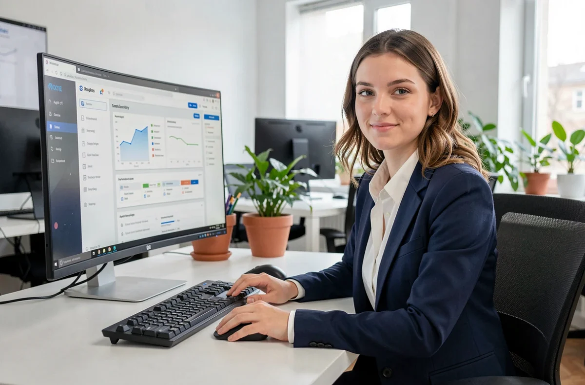 Consultante informatique de CLARTICE travaillant sur des tableaux de bord logiciels dans un bureau moderne à Marseille