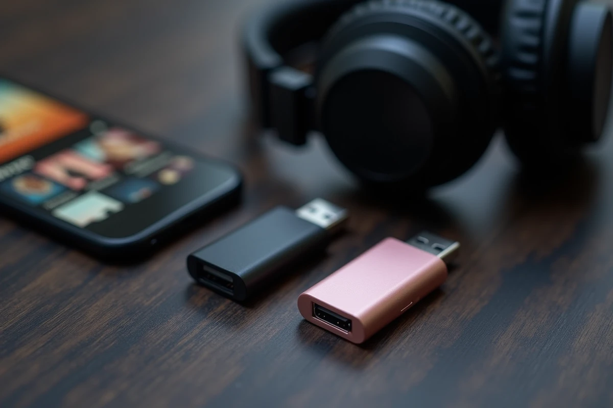 Clés USB et smartphone affichant une playlist musicale sur une table en bois