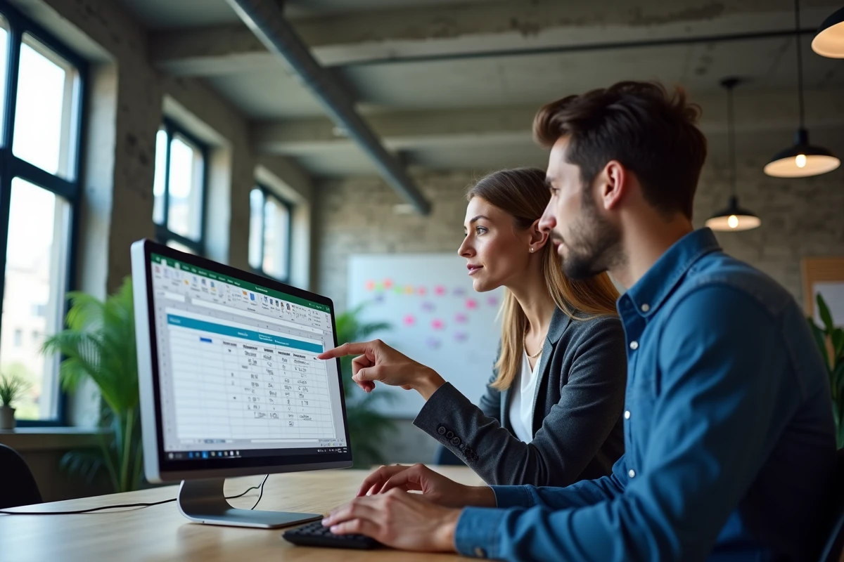 Deux jeunes professionnels collaborant devant un écran Excel affichant la boîte de dialogue de suppression des doublons dans un espace de coworking