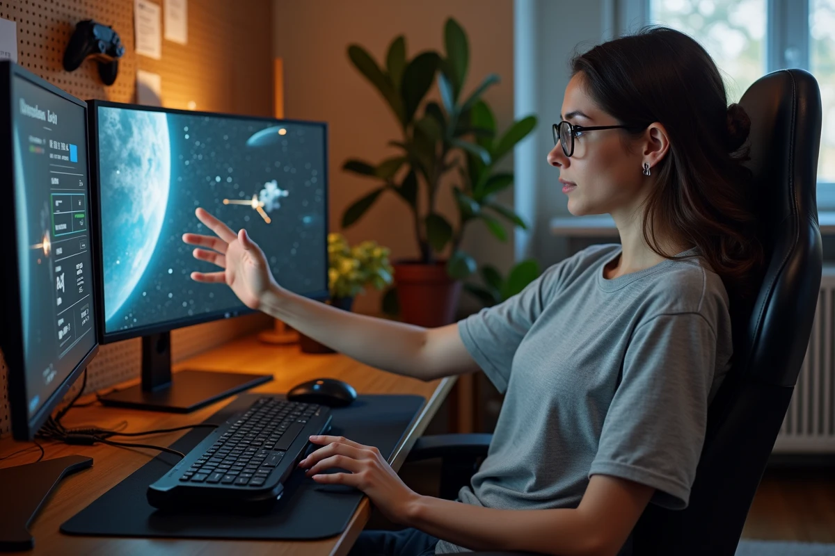 Joueuse analysant la comparaison FOV entre écran 16/9 et ultrawide 21/9 pour configurer Eve Online en résolution 1080p