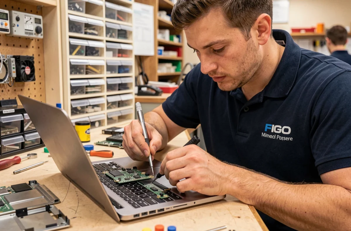 Technicien de Compufix Informatique réparant une carte mère d'ordinateur portable dans un atelier spécialisé