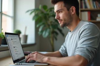 Homme configurant un alias mail sur un ordinateur portable dans un bureau moderne