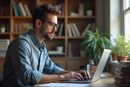 Jeune homme configurant email sur ordinateur portable