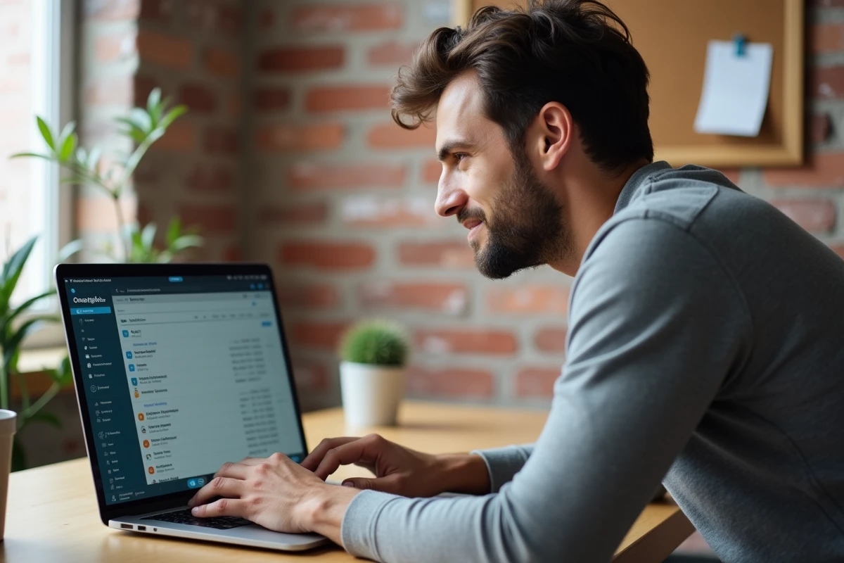 Homme configurant des filtres et des règles de messagerie dans un webmail depuis un bureau à domicile minimaliste