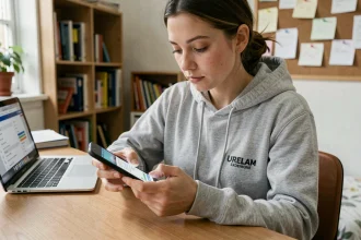 Étudiante configurant l'application Zimbra sur son smartphone Android dans une chambre universitaire