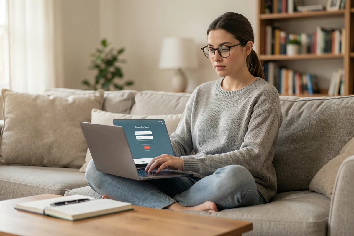 Une jeune professionnelle se connectant à GPNet Air France depuis son ordinateur personnel installée confortablement dans son salon