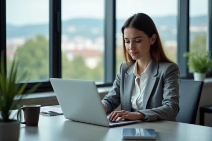 Femme connectée à son webmail Grenoble sur un ordinateur portable dans un bureau moderne