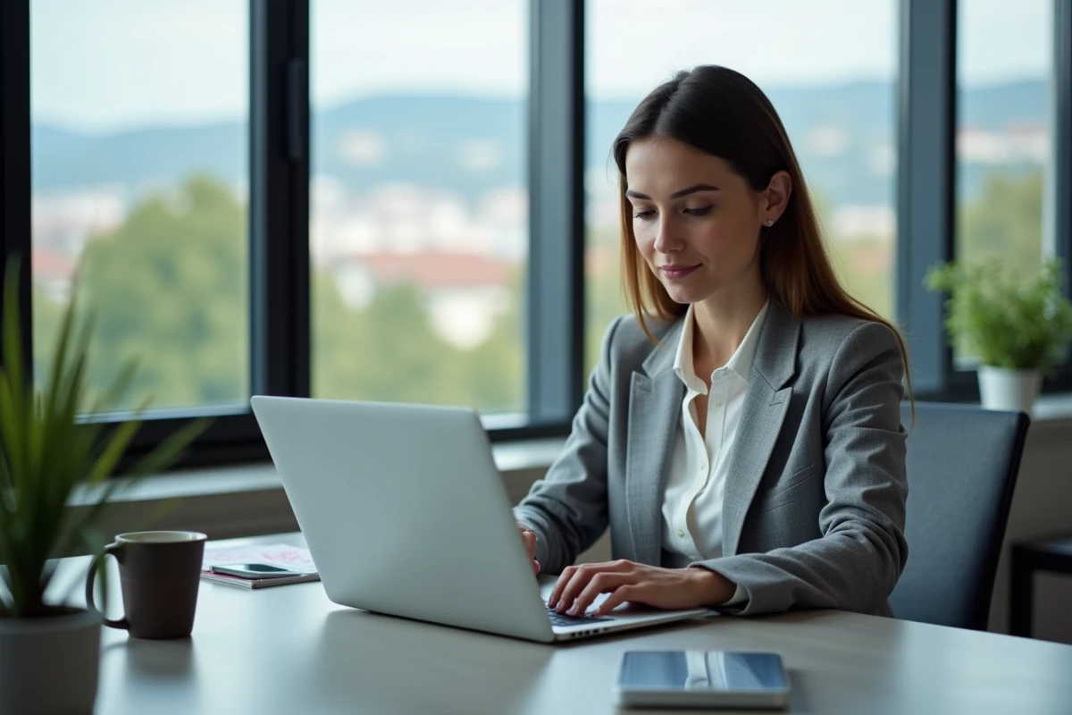 Femme connectée à son webmail Grenoble sur un ordinateur portable dans un bureau moderne