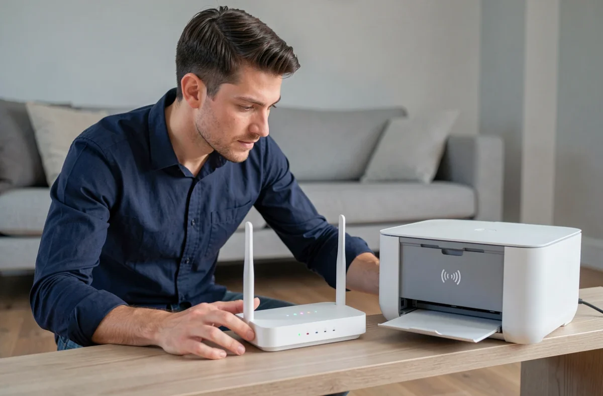 Homme connectant une imprimante Wi-Fi à une box internet via le bouton WPS dans un salon moderne