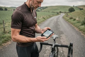 Cycliste tenant un GPS Garmin Edge affichant un fichier GPX sur une route de campagne