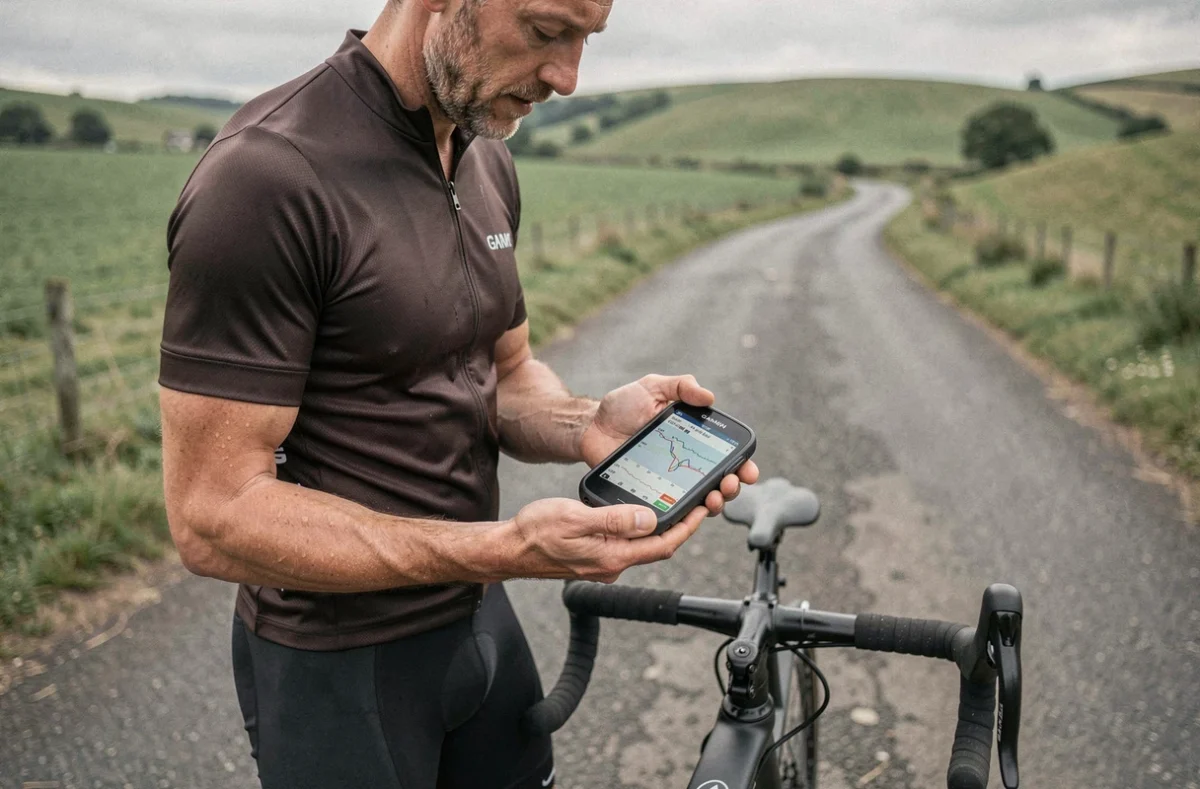 Cycliste tenant un GPS Garmin Edge affichant un fichier GPX sur une route de campagne