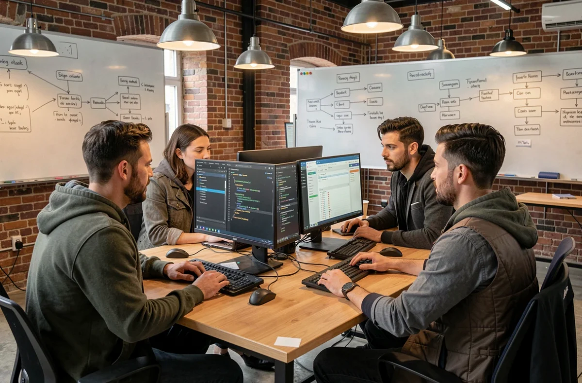Équipe de freelances spécialisés en développement et intégration web travaillant ensemble dans un espace coworking