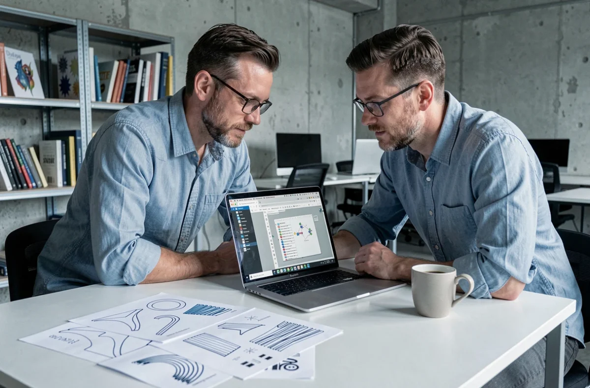 Designer masculin travaillant sur l'édition d'un fichier SVG avec un logiciel gratuit en ligne sur un laptop dans un espace de coworking