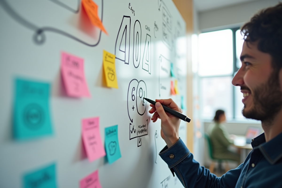 Web designer esquissant une page 404 avec tableau blanc et marqueurs