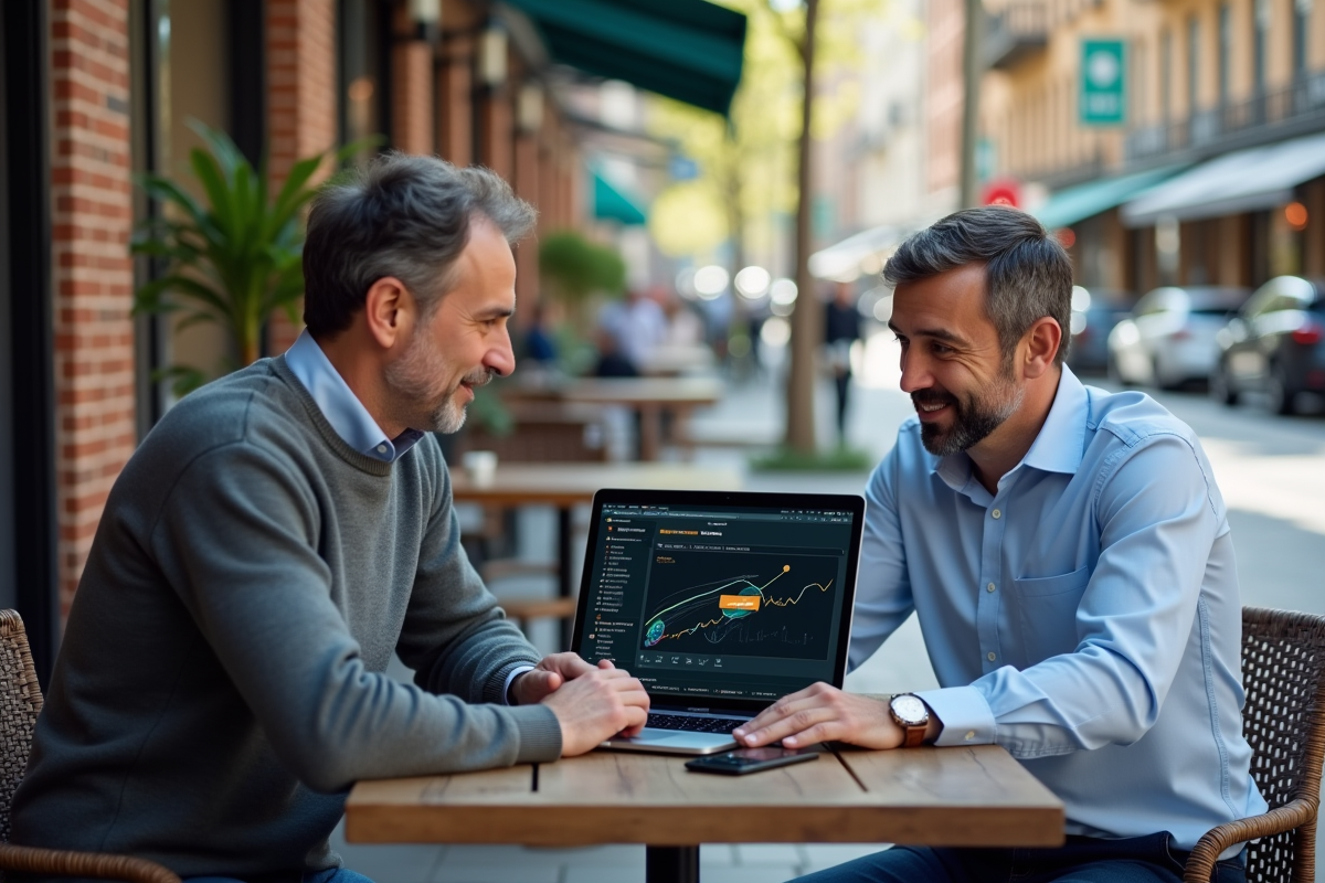 Deux hommes discutant devant un ordinateur dans un café urbain