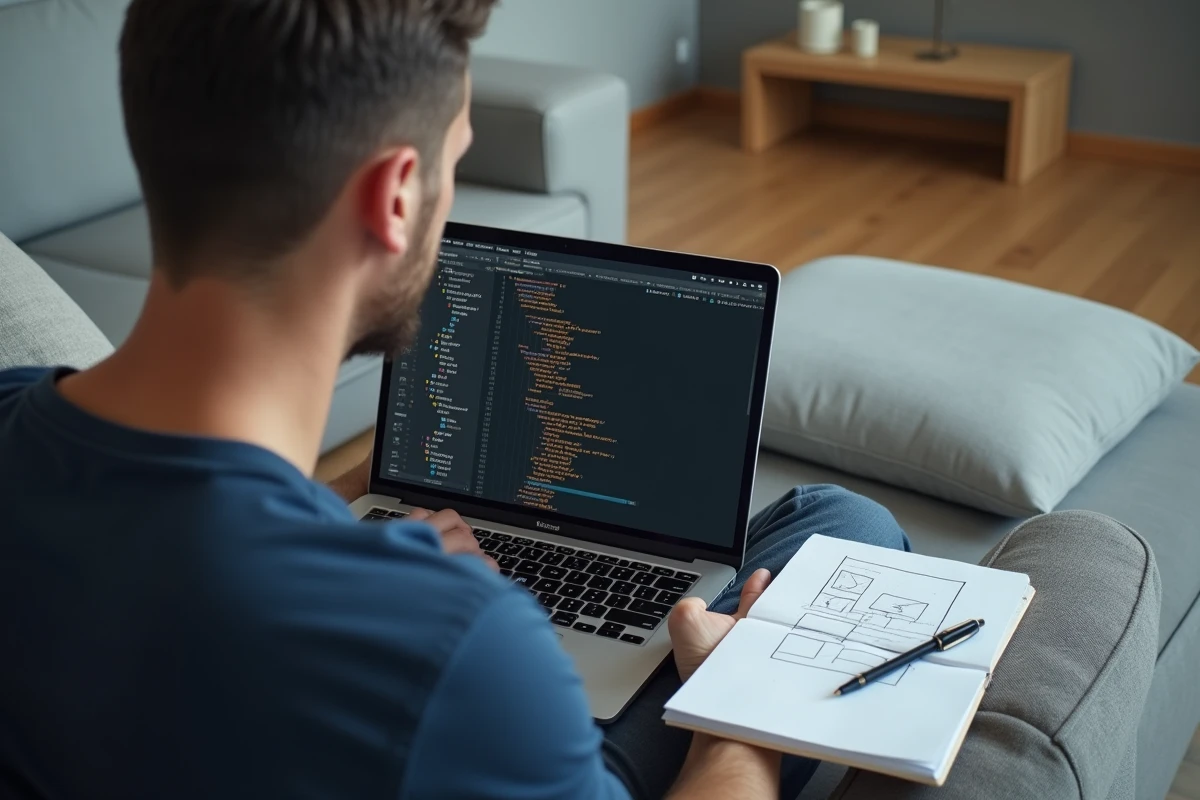 Développeur assis sur un canapé avec un laptop montrant les outils CSS et des schémas de positionnement dessinés à la main
