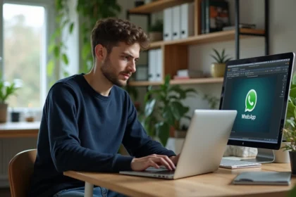 Jeune developpeur homme utilisant WhatsApp Web dans un bureau lumineux